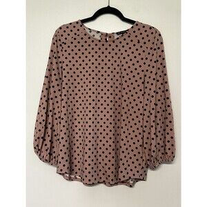 Adrianna Papell Pink and Black Polka Dot Blouse Women's Size Large Long Sleeve